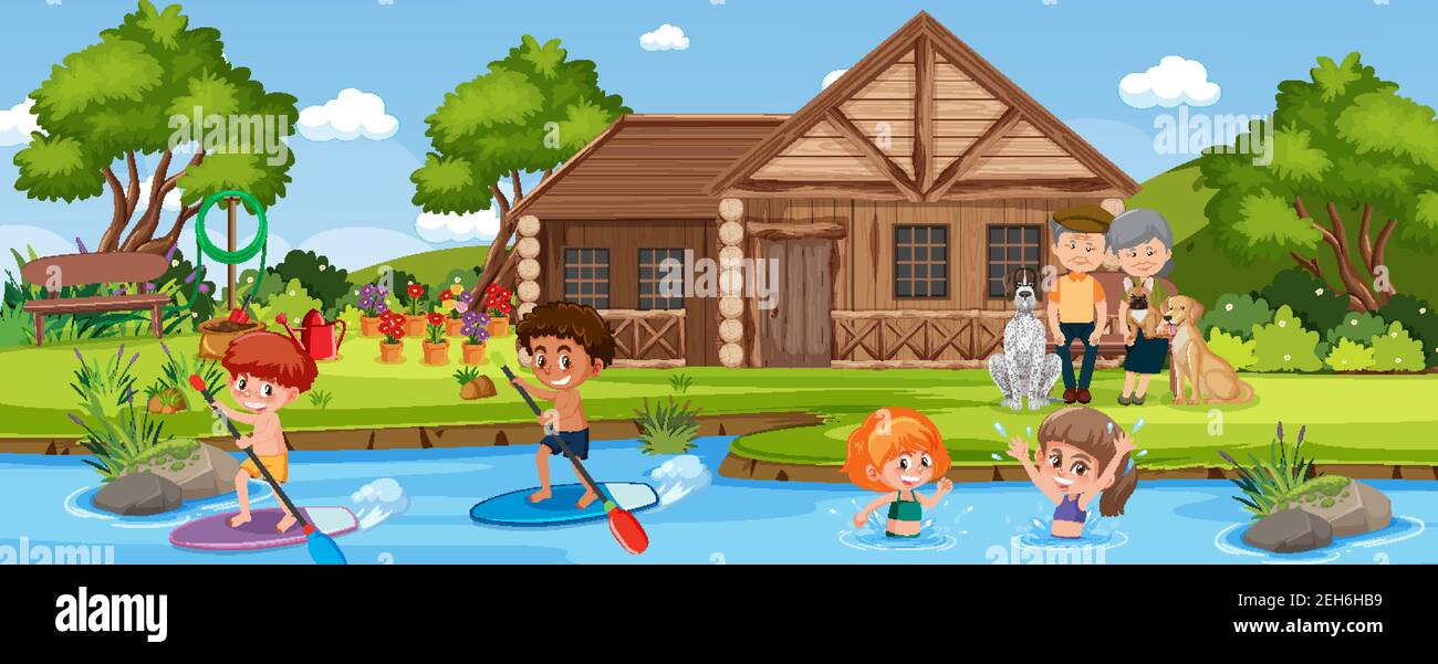 Happy family at rural housescene illustration Stock Vector Image & Art ...