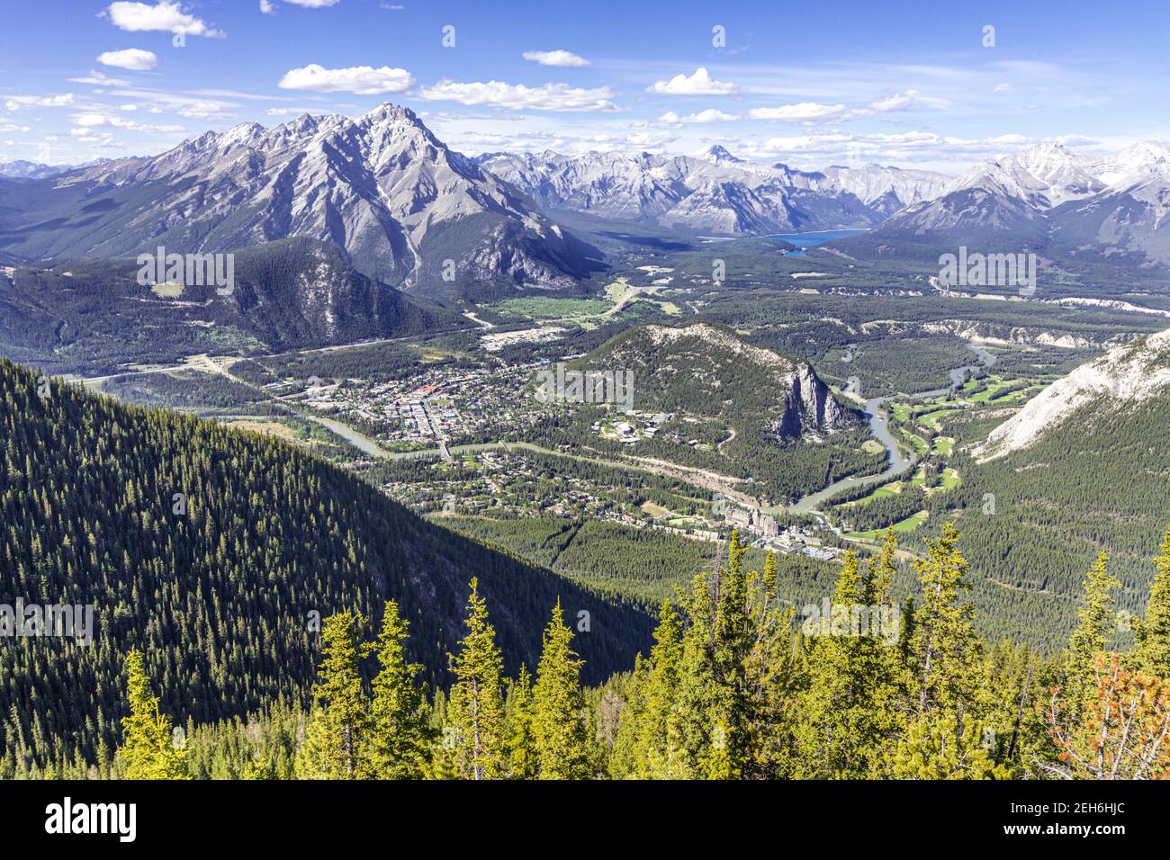Looking down on the Bow River and the town of Banff from the summit boardwalk on Sulphur Mountain in the Rocky Mountains, Banff, Alberta, Canada Stock Photo