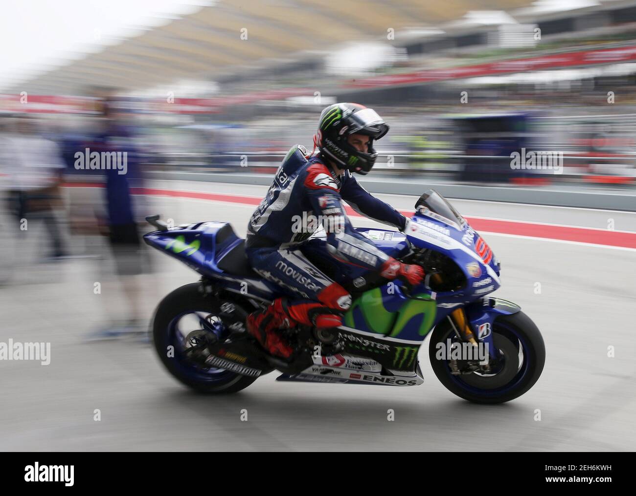 Yamaha MotoGP rider Jorge Lorenzo of Spain leaves the garage before the qualifying round of the Malaysian Motorcycle Grand Prix at Sepang International Circuit near Kuala Lumpur, Malaysia, October 24, 2015. REUTERS/Olivia Harris   Picture Supplied by Action Images Stock Photo