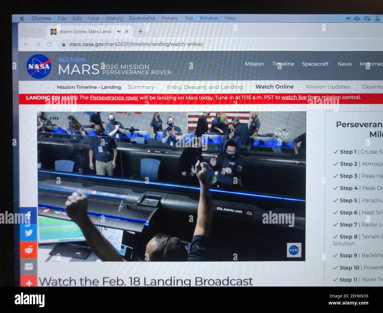 A photo of a screen displays NASA's web site with live broadcast of the the Perseverance rover mission to Mars. After a seven-month voyage, Perseverance successfully touched down on Mars on Feb. 18, 2021. Mission controllers at NASA's Jet Propulsion Laboratory in California celebrate landing NASA's fifth rover on the red planet. (Photo by Samuel Rigelhaupt/Sipa USA ) Credit: Sipa USA/Alamy Live News Stock Photo