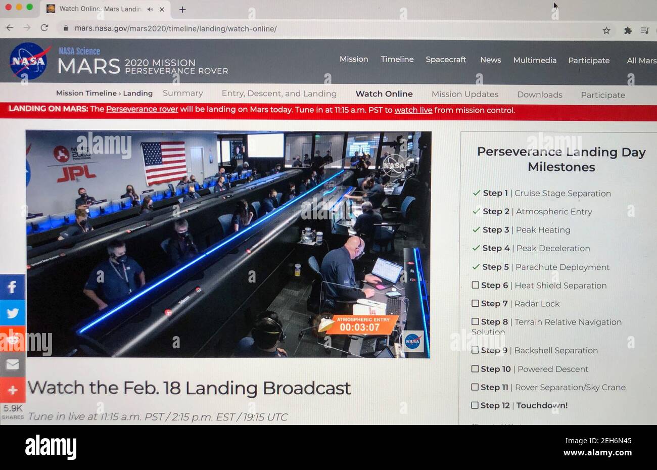 A photo of a screen displays NASA's web site with live broadcast of the the Perseverance rover mission to Mars. After a seven-month voyage, Perseverance successfully touched down on Mars on Feb. 18, 2021. Mission controllers at NASA's Jet Propulsion Laboratory in California celebrate landing NASA's fifth rover on the red planet. (Photo by Samuel Rigelhaupt/Sipa USA ) Credit: Sipa USA/Alamy Live News Stock Photo