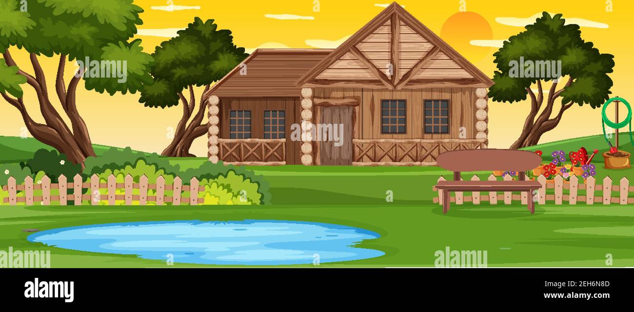 Rural wooden house outdoor landscape illustration Stock Vector Image ...