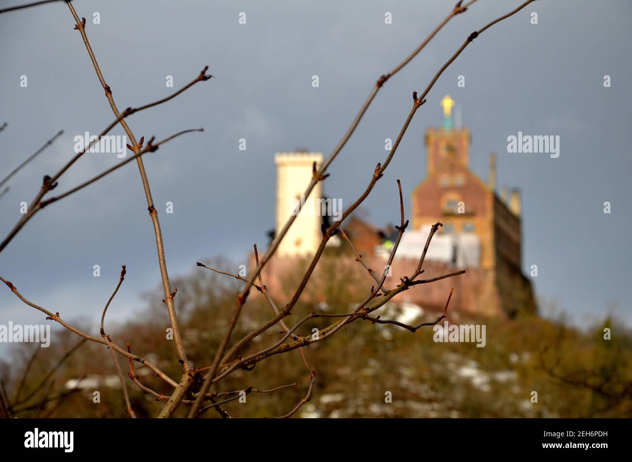 view to wartburg castle from the woods around Stock Photo