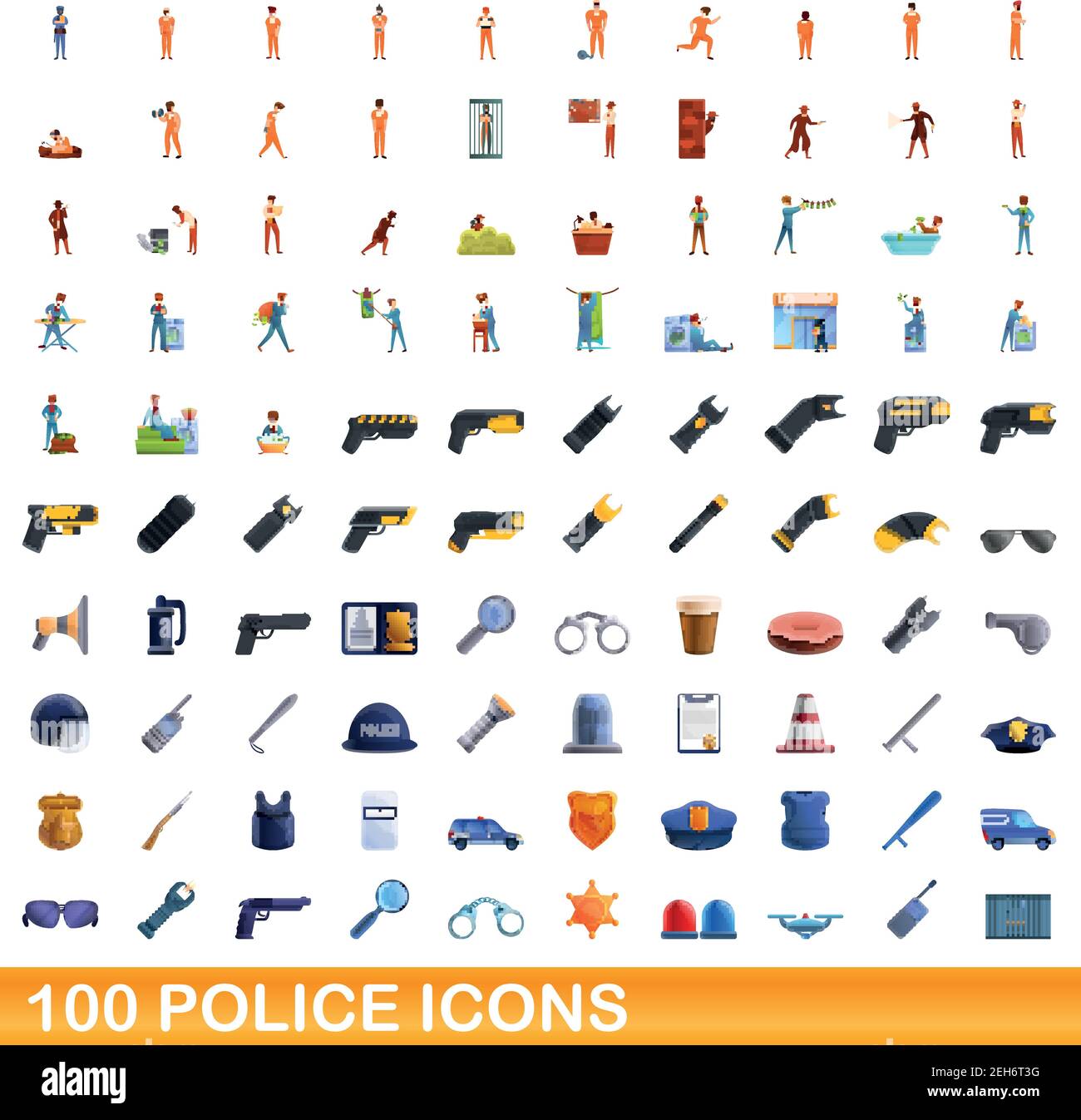 100 police icons set. Cartoon illustration of 100 police icons vector set isolated on white background Stock Vector