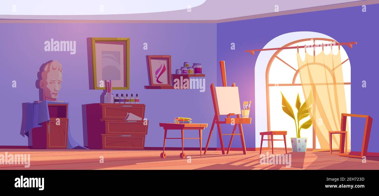 Art studio, painter room with canvas and brushes on easel, paints on shelves and colored pencils. Vector cartoon interior of artist workshop with materials and tools for creative craft Stock Vector