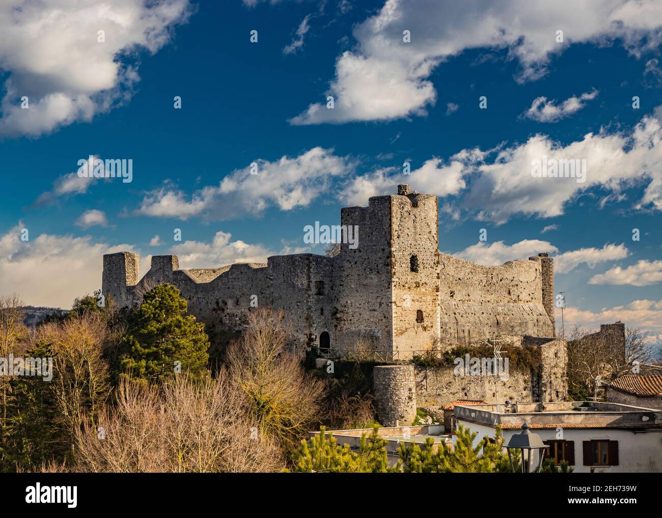 The small medieval village of Castel San Pietro Romano, Lazio, province of Rome, Palestrina. The remains of the ancient medieval castle, with its towe Stock Photo