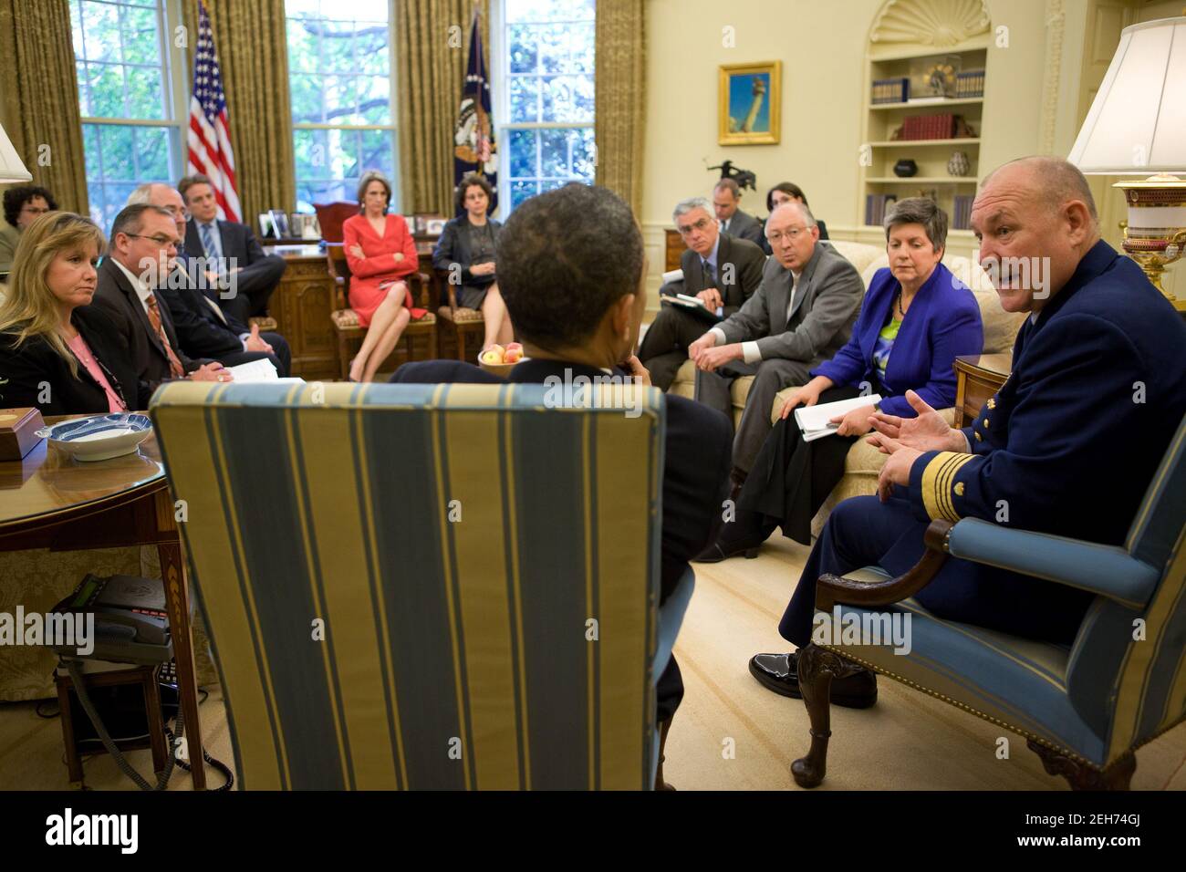 President Barack Obama meets with Admiral Thad W. Allen, Commandant of the United States Coast Guard, and other senior administration officials in the Oval Office, April 22, 2010, regarding the situation in the Gulf of Mexico. Stock Photo
