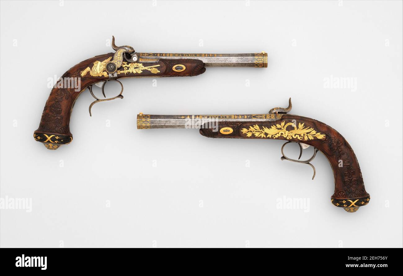 Cased Pair of Percussion Target Pistols with Loading and Cleaning Accessories, Made for Henri Charles Ferdinand Marie Dieudonn&#xe9; d'Artois, Duke of Bordeaux, Count of Chambord (1820-1883), French, Paris, dated 1829. Stock Photo