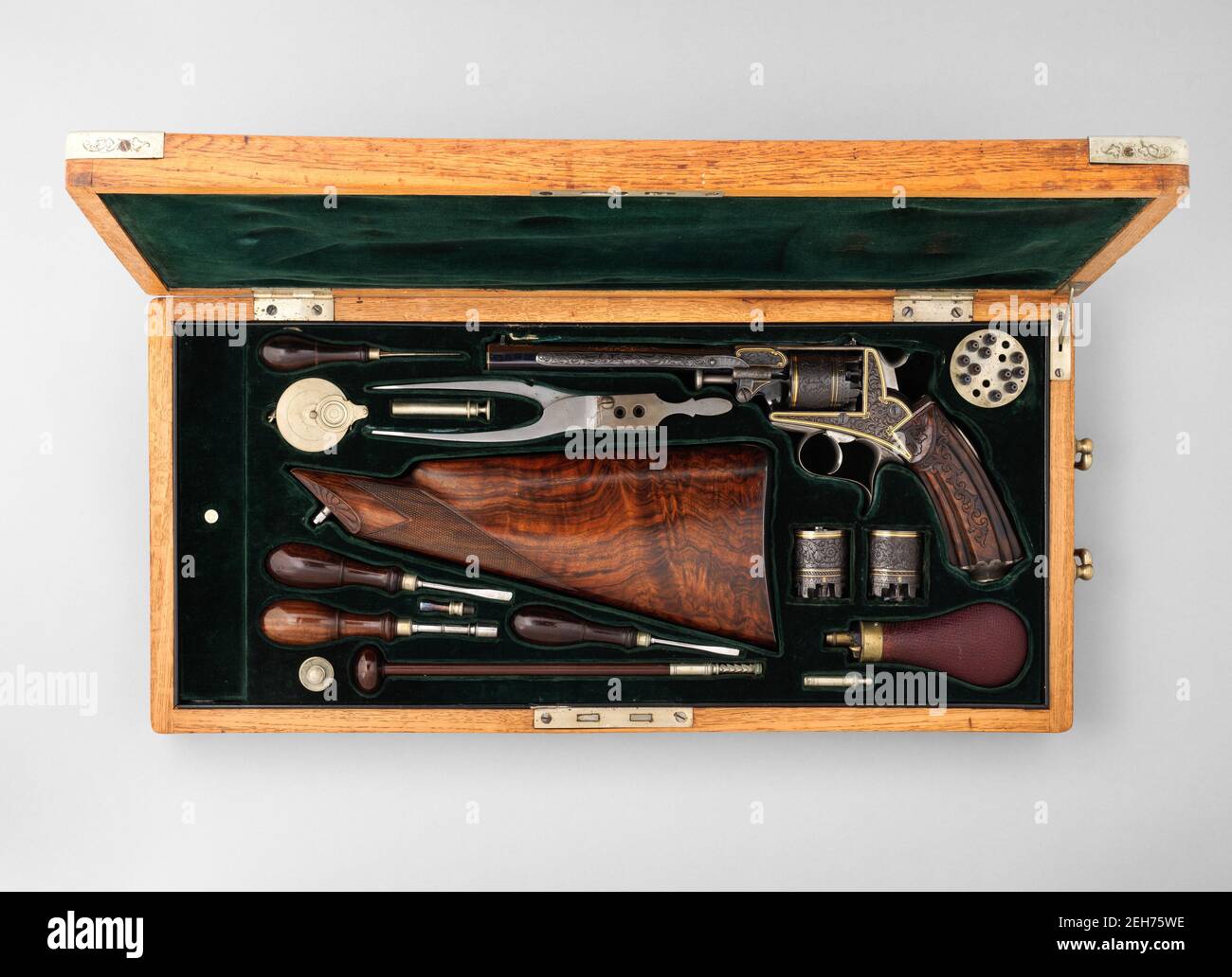 Five Shot Double-Action Percussion Revolver with Shoulder Stock, Case, and Accessories, German, ca. 1860. Stock Photo