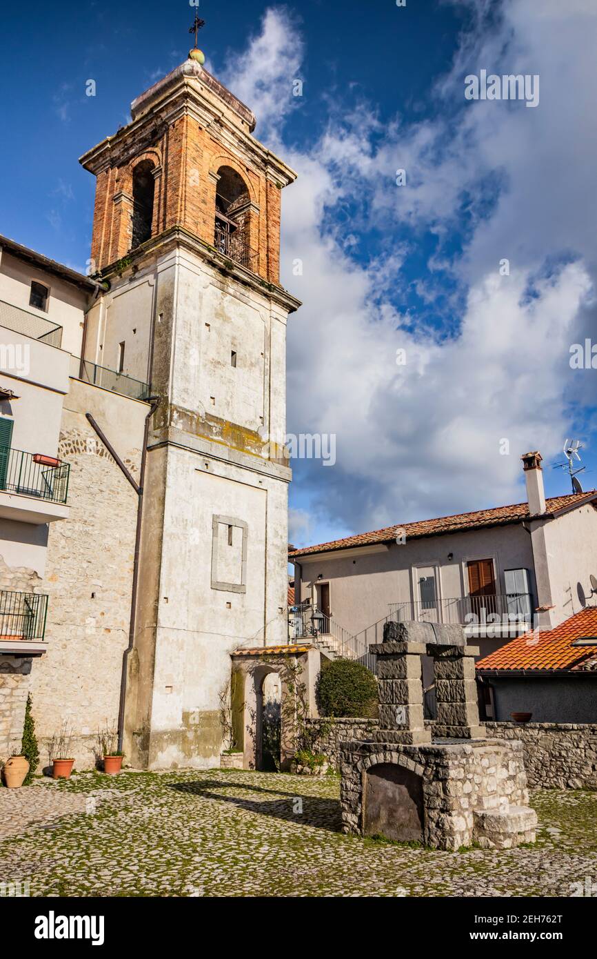 The small medieval village of Castel San Pietro Romano, Lazio, province of Rome, Palestrina. A glimpse of the town, with the small cobbled square. The Stock Photo