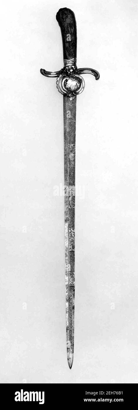 Hunting Sword, German, Dresden, ca. 1750. signed by Johann Georg Klett, who  court stone carver to Friedrich August II (reigned 1733&#x2013;63), prince-elector of Saxony, in 1755. Stock Photo