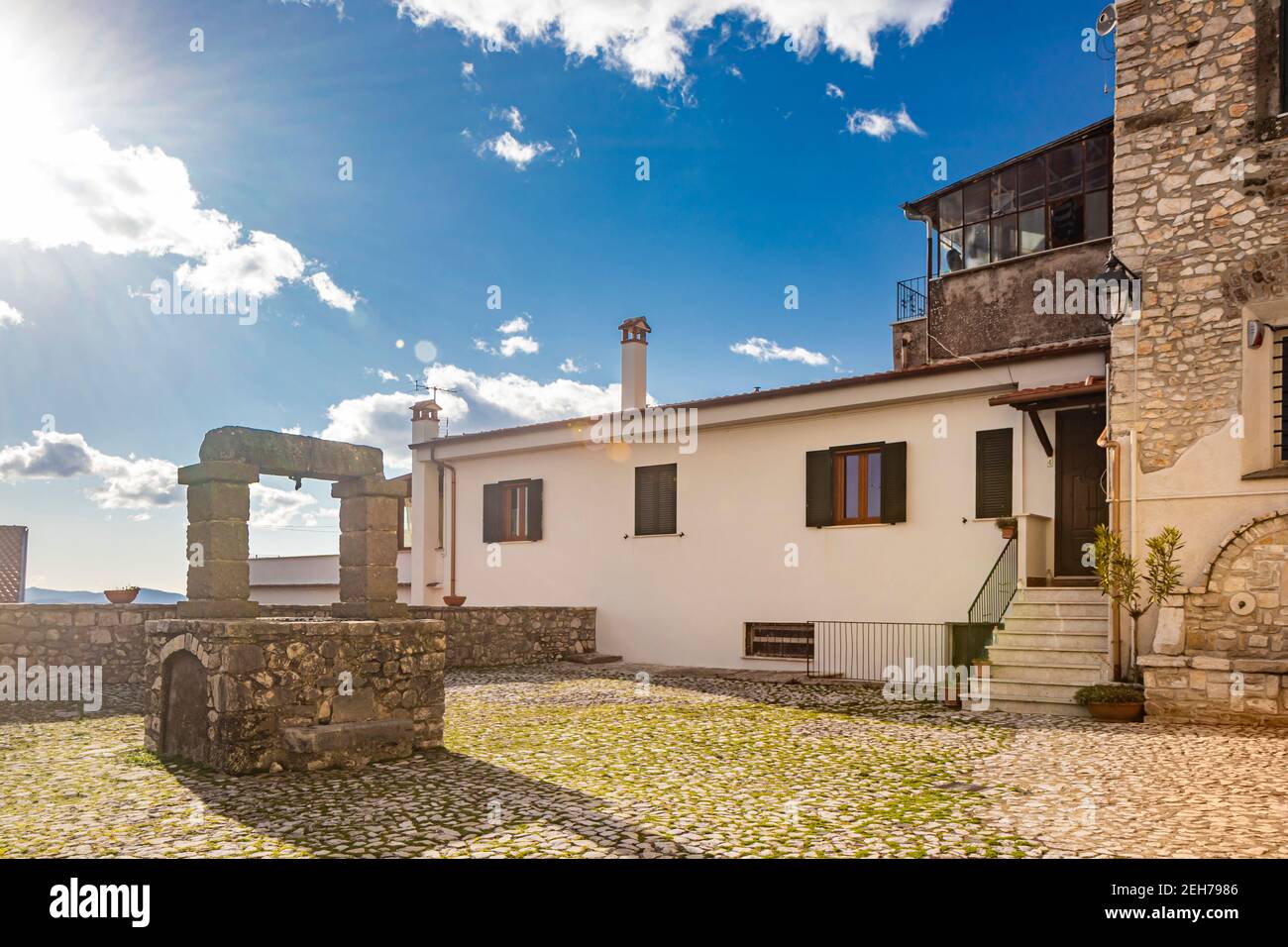 February 12, 2021 - Castel San Pietro Romano, Lazio, province of Rome, Palestrina - A glimpse of the medieval village, with the small cobbled square b Stock Photo