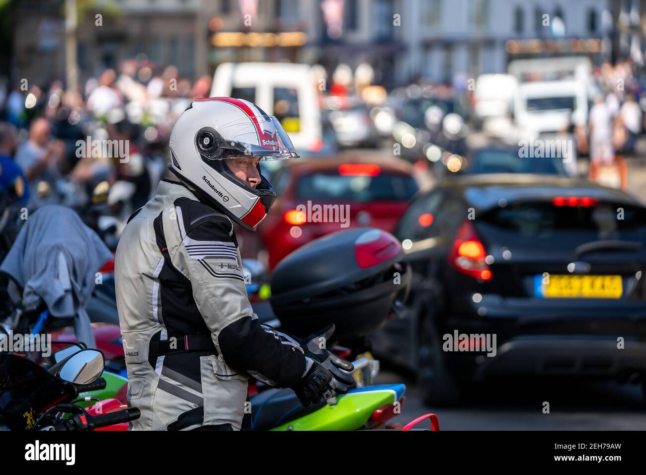Matlock busy packed town centre full famous for lots of motorbikes and