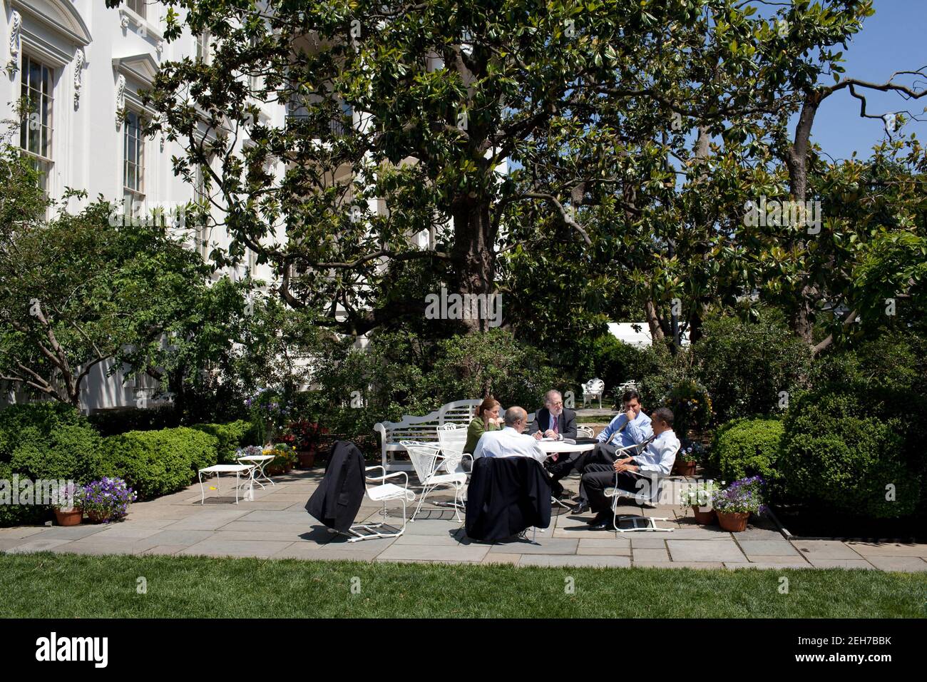 President Barack Obama meets with, from left, Deputy Counsel to the President Susan Davies,  Assistant to the President for Legislative Affairs  Phil Schiliro,  Chief of Staff to the Vice President Ron Klain, and Counsel to the President Bob Bauer, regarding the pending Supreme Court nomination in the Rose Garden of the White House, May 6, 2010. Stock Photo