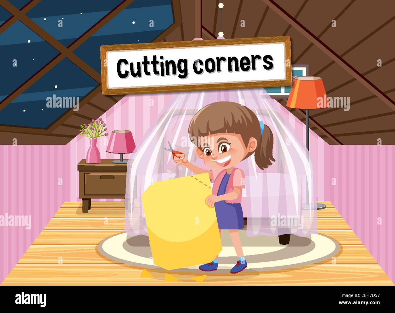 English idiom with picture description for cutting corners illustration