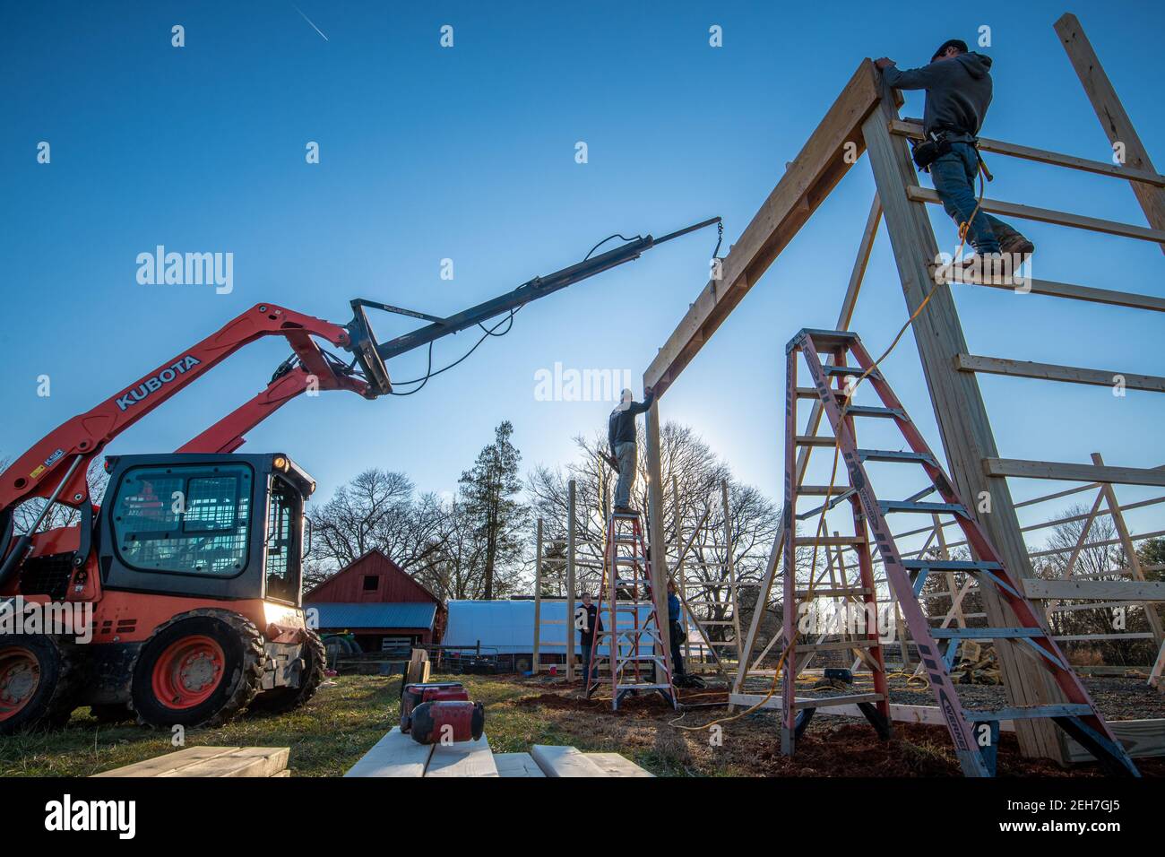 Pole Barn construction on farm in Harford County Maryland Stock Photo