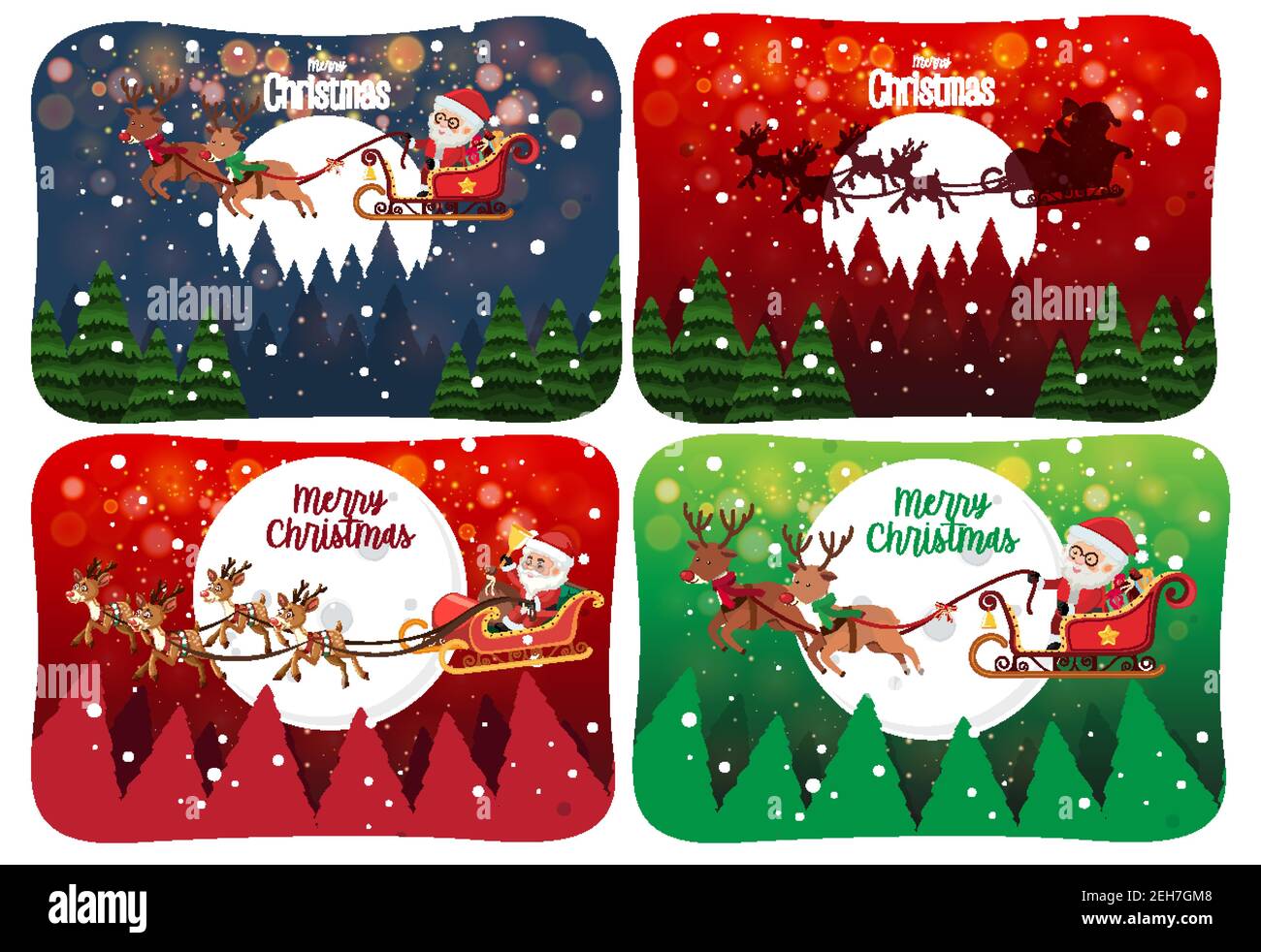 Set of Merry Christmas scene with Santa Claus in snow illustration Stock Vector