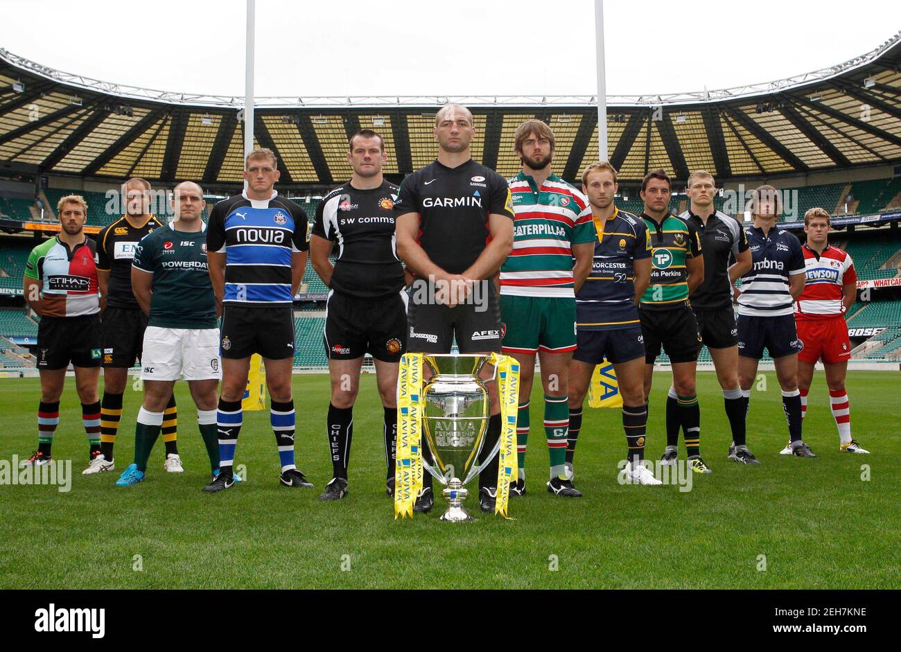 Rugby Union - Aviva Premiership Rugby Season Launch 2011/12 - Twickenham Stadium - 24/8/11  (L-R) Chris Robshaw of Harlequins, John Hart of London Wasps, Clarke Dermody of London Irish, Stuart Hooper of Bath Rugby, Tom Hayes of Exeter Chiefs, Steve Borthwick of Saracens, Geoff Parling of Leicester Tigers, Chris Pennell of Worcester Warriors, Phil Dowson of Northampton Saints, James Hudson of Newcastle Falcons, James Gaskell of Sale Sharks and Luke Narraway of Gloucester Rugby with the Aviva Premiership Rugby Trophy during the season launch 2011/12  Mandatory Credit: Action Images / Paul Hardin Stock Photo