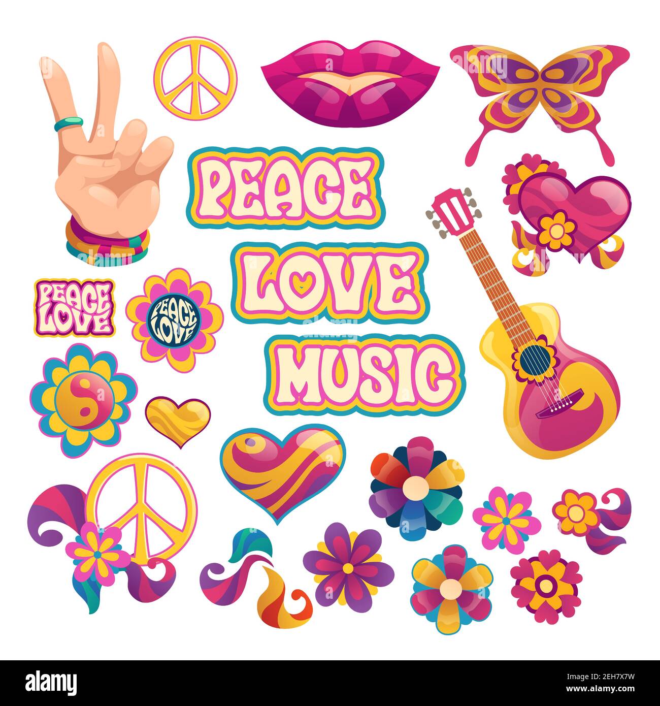 Hippie icons, signs of peace, love and music. Vector cartoon set symbols of hippy culture with hearts, flowers, guitar, hand gesture and smile lips isolated on white background Stock Vector