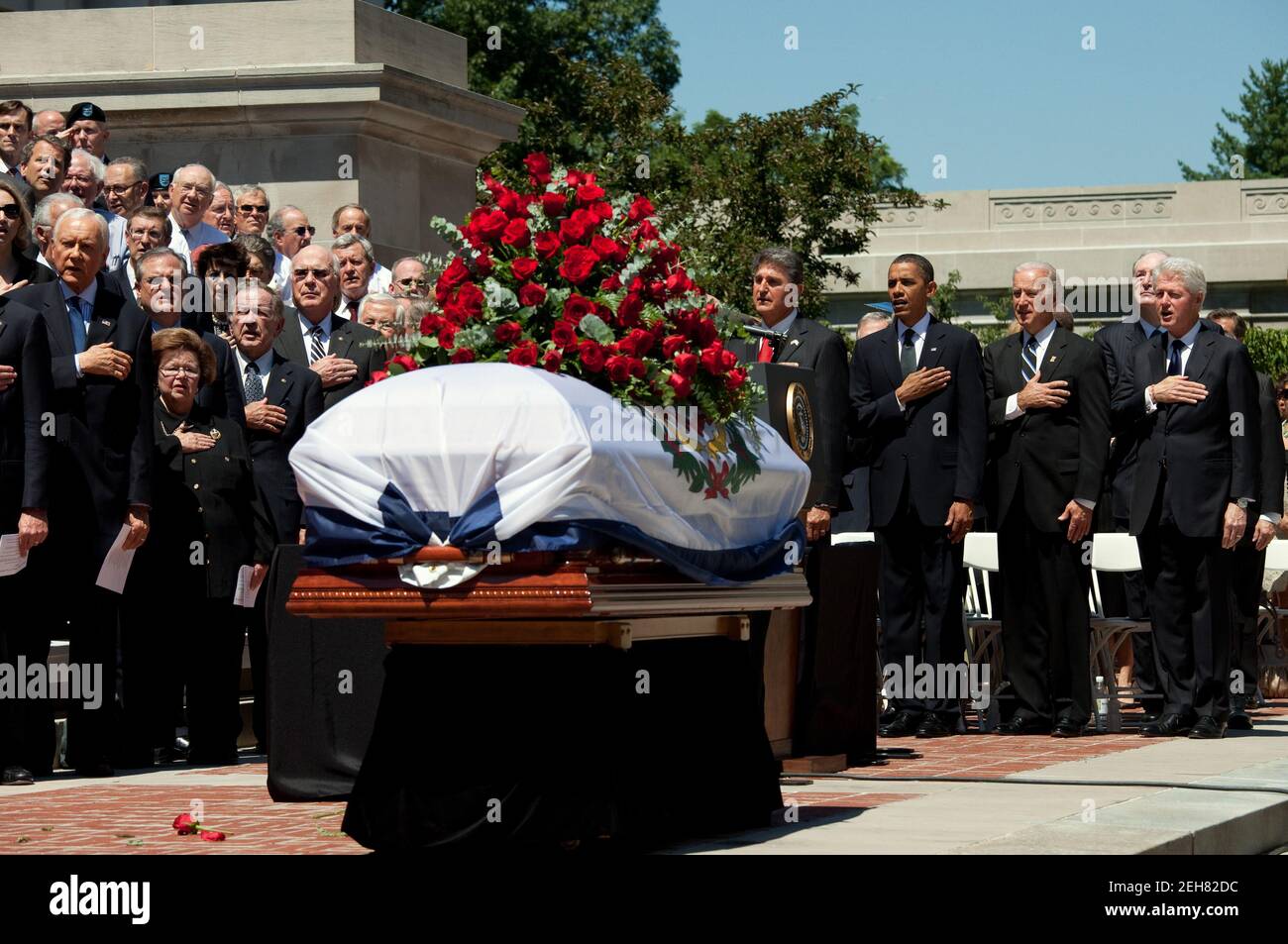 President Barack Obama, along with Vice President Joe Biden, President Bill Clinton, West Virginia Gov. Joe Manchin, and members of Congress, attends the memorial service for Sen. Robert C. Byrd at the State Capitol in Charleston, W.Va., July 2, 2010. Stock Photo