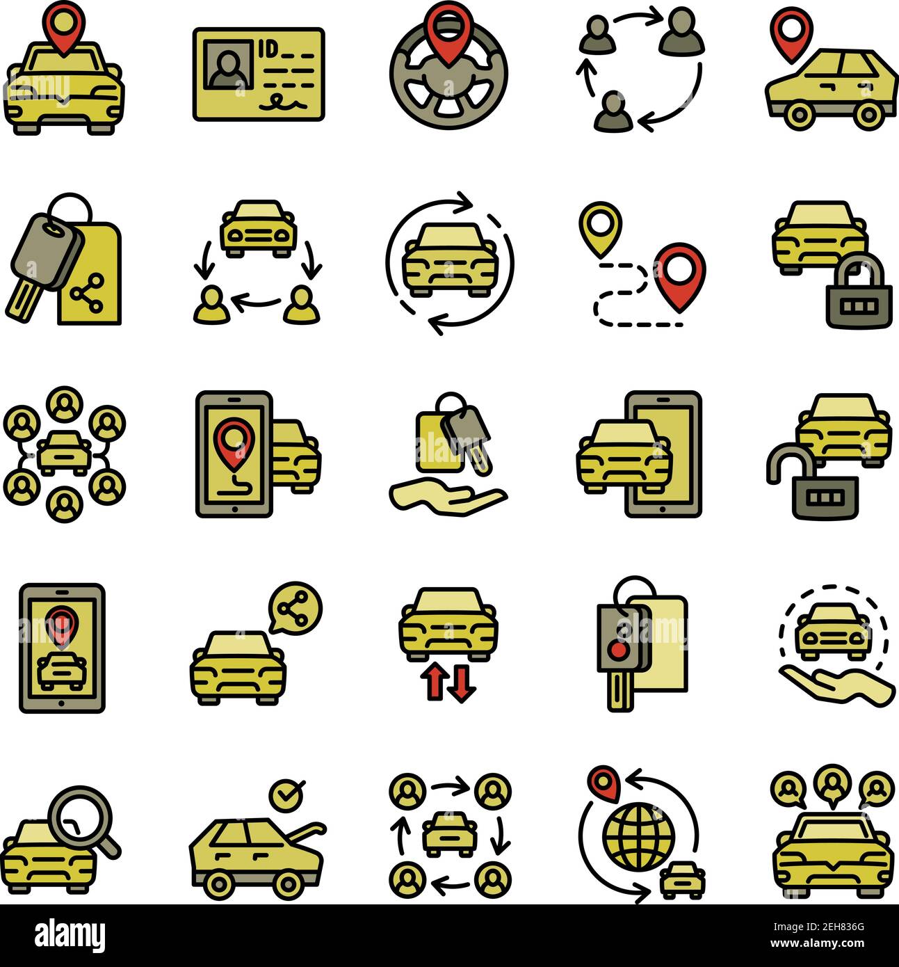 Car sharing icons set. Outline set of car sharing vector icons for web ...
