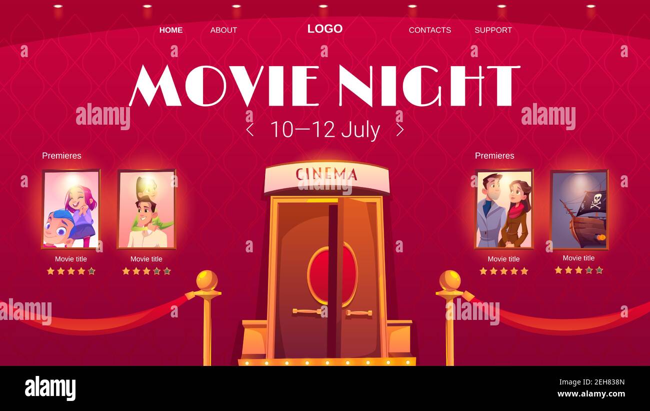 Movie night cartoon landing page, invitation advertisement to cinema festival, show entertainment or concert with entrance to hall and film posters on red wall with glow spotlights, Vector web banner Stock Vector