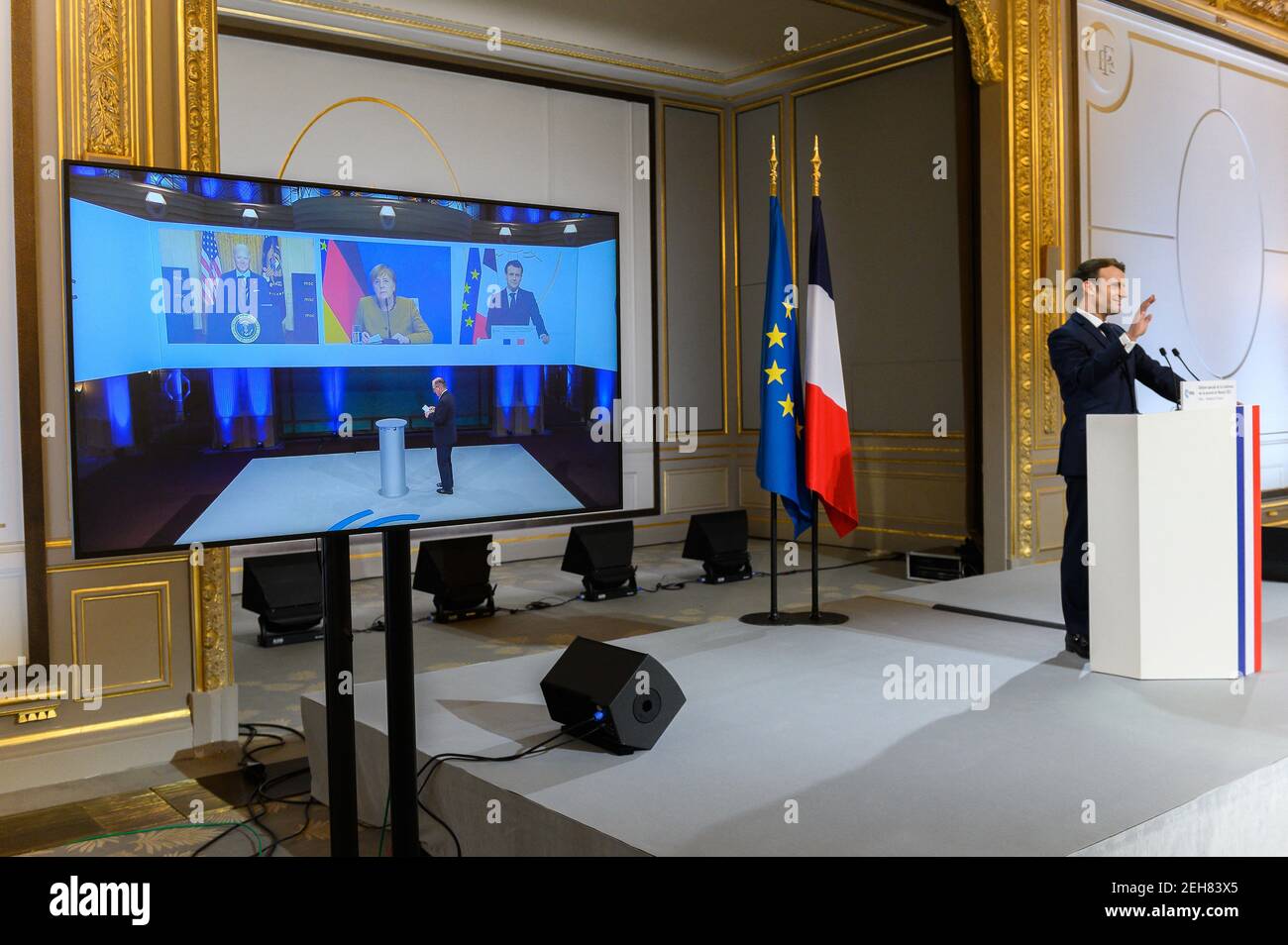 French President Emmanuel Macron attends a video-conference meeting with US President Joe Biden and German Chancellor Angela Merkel, during 2021 Munich Security Conference at the Elysee Palace in Paris, France on February 19, 2021. Photo by Jacques Witt/Pool/ABACAPRESS.COM Stock Photo