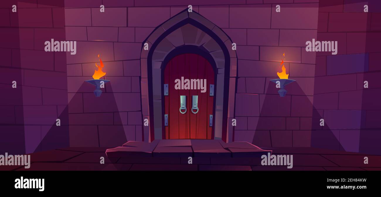 Wood door in medieval castle. Old gate in stone wall with flaming torches at night. Vector cartoon illustration of entrance to dungeon, prison or fortress. Wooden double doors with round knob knock Stock Vector