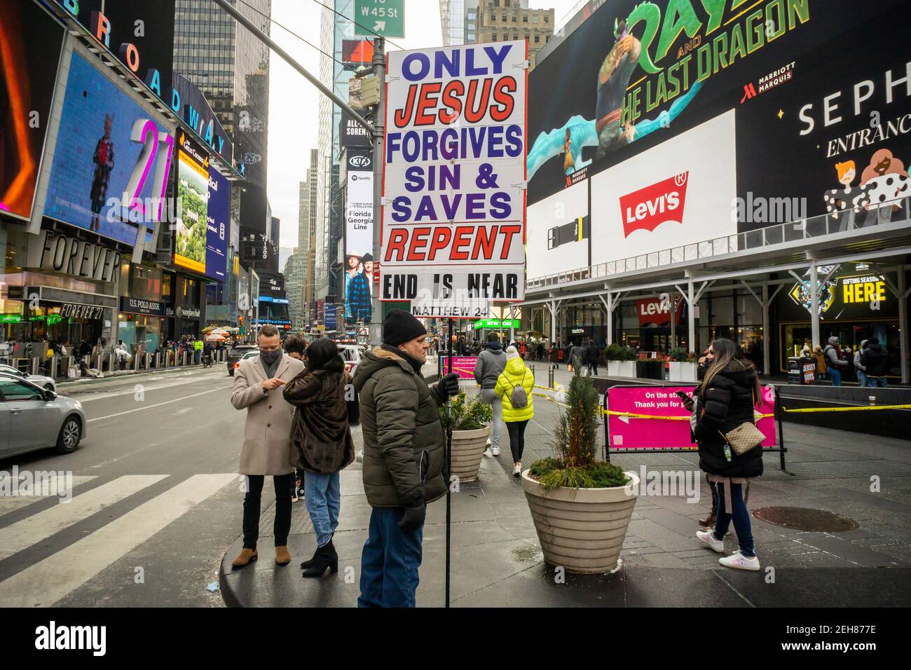 A religious zealot proselytizes in Times Square in New York on Sunday