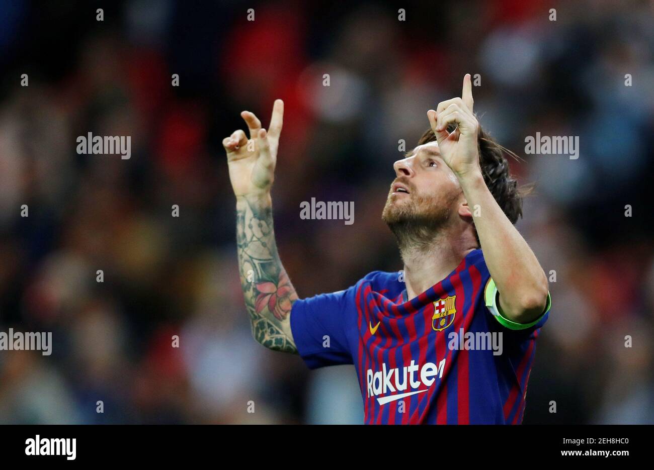 Soccer Football - Champions League - Group Stage - Group B - Tottenham Hotspur v FC Barcelona - Wembley Stadium, London, Britain - October 3, 2018  Barcelona's Lionel Messi celebrates scoring their fourth goal   REUTERS/Eddie Keogh Stock Photo