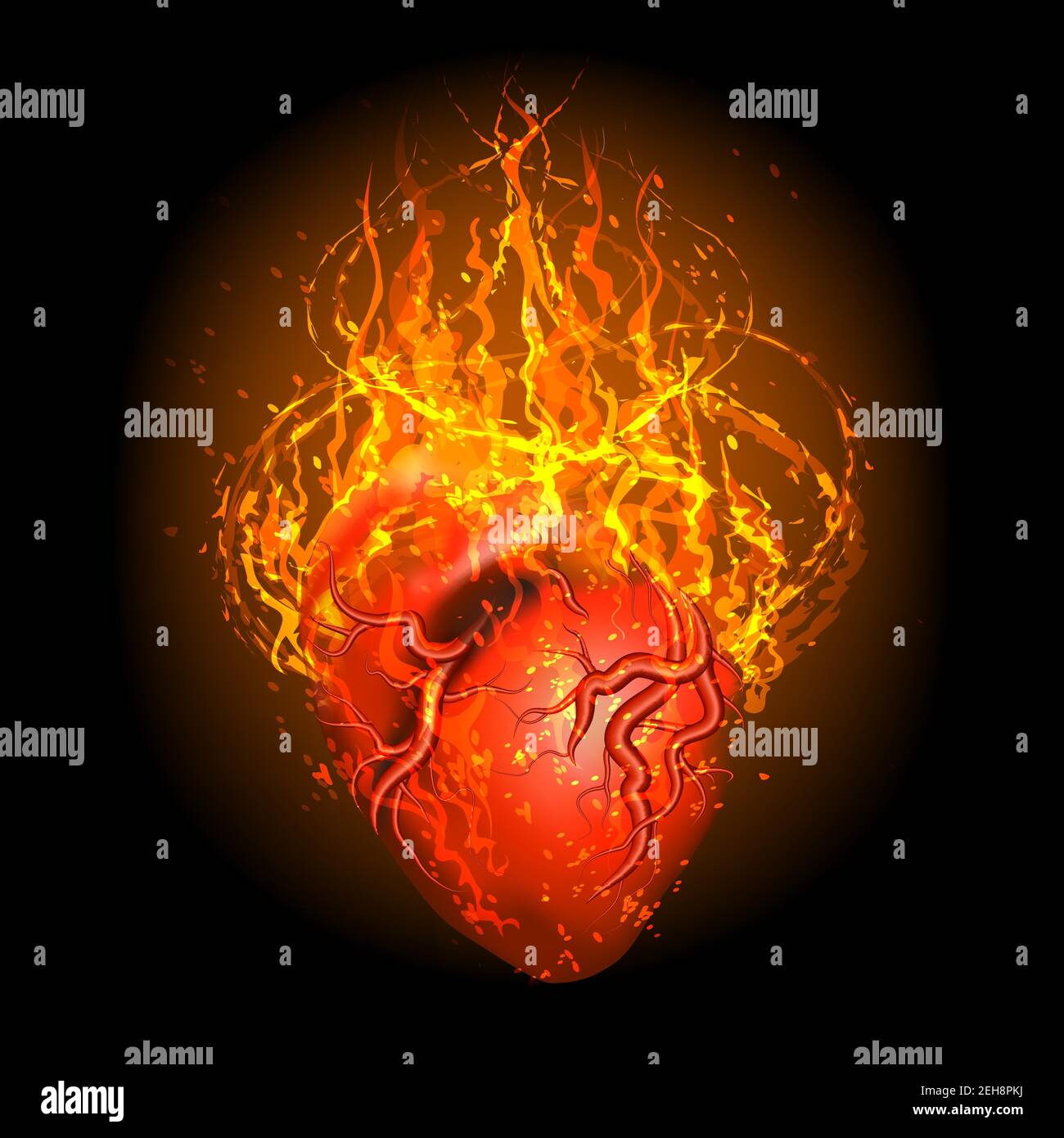 Burning Heart on black background. Vector illustration. Stock Vector