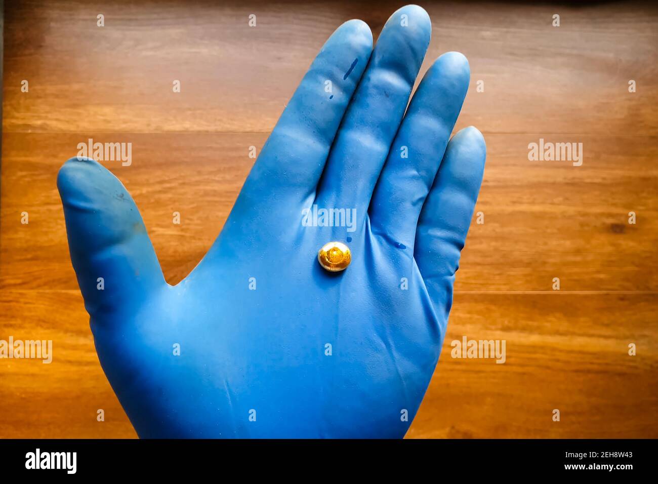 A small piece of gold in his hand with a glove. Mini nugget of gold