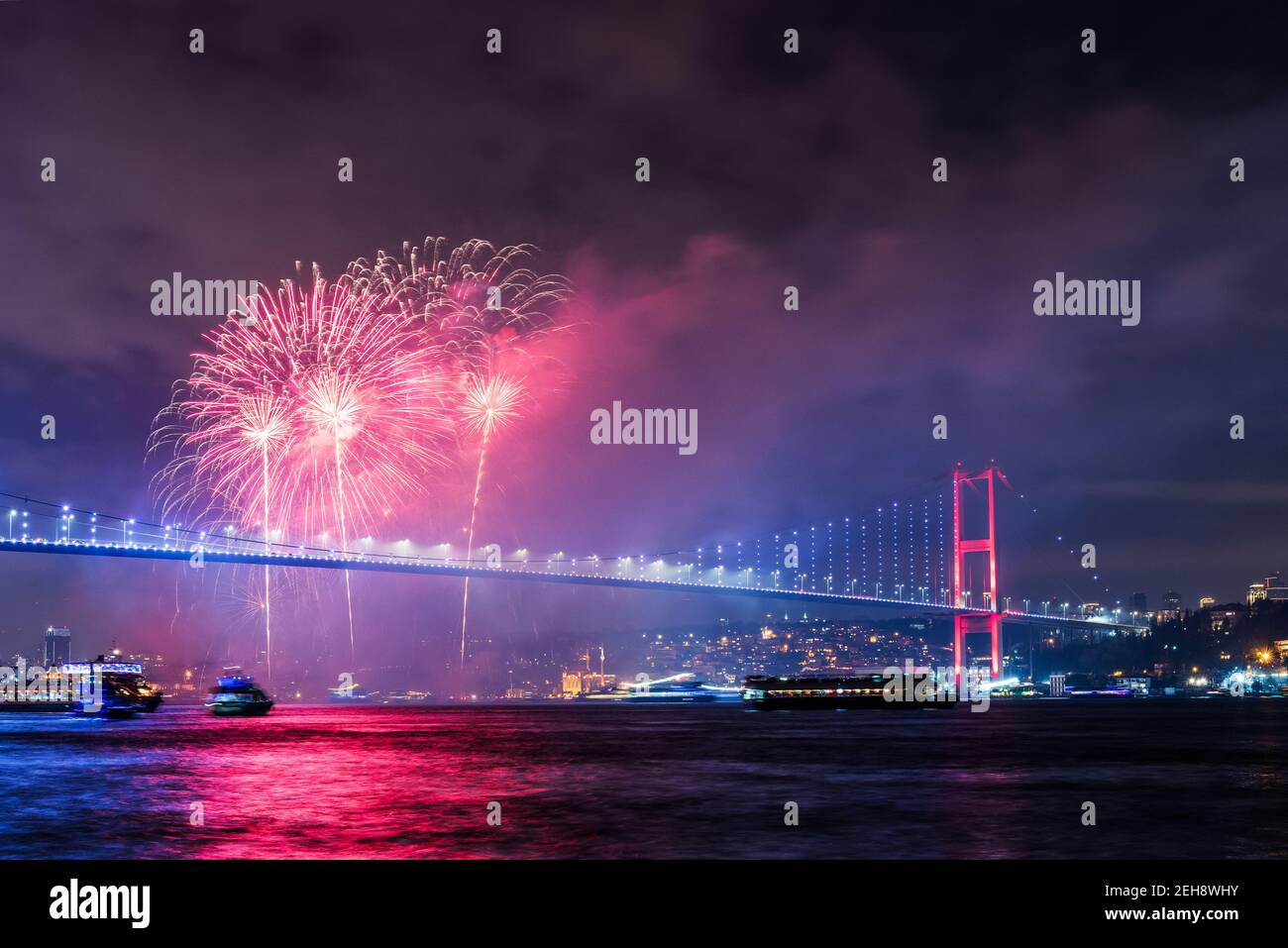 ISTANBUL, TURKEY. New Year 2020 Celebrations Around the Istanbul. Fireworks with Istanbul Bosphorus Bridge (15th July Martyrs Bridge). Stock Photo