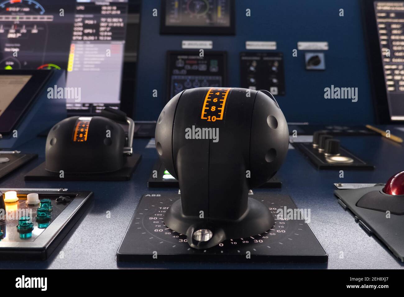 Ship control panel. a Navigational devices and echolocation and radar monitors Stock Photo Alamy