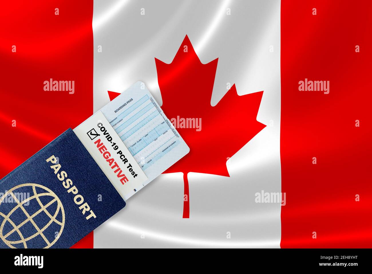 Travel passport, boarding pass and negative test result of COVID-19 PCR test for entry to Canada. Concept of new normal air or land border travel with Stock Photo