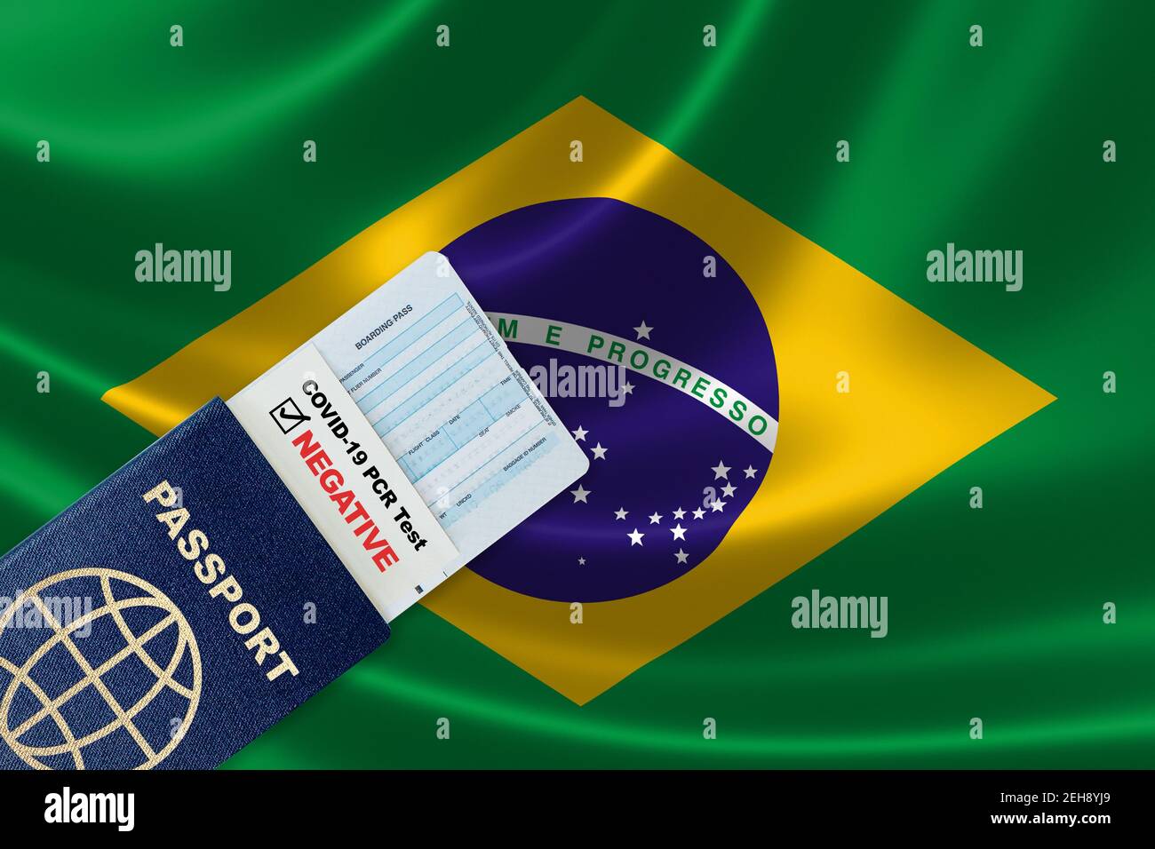 Travel passport, boarding pass and negative test result of COVID-19 PCR test for Brazil. Concept of new normal air or land border travel with proof of Stock Photo