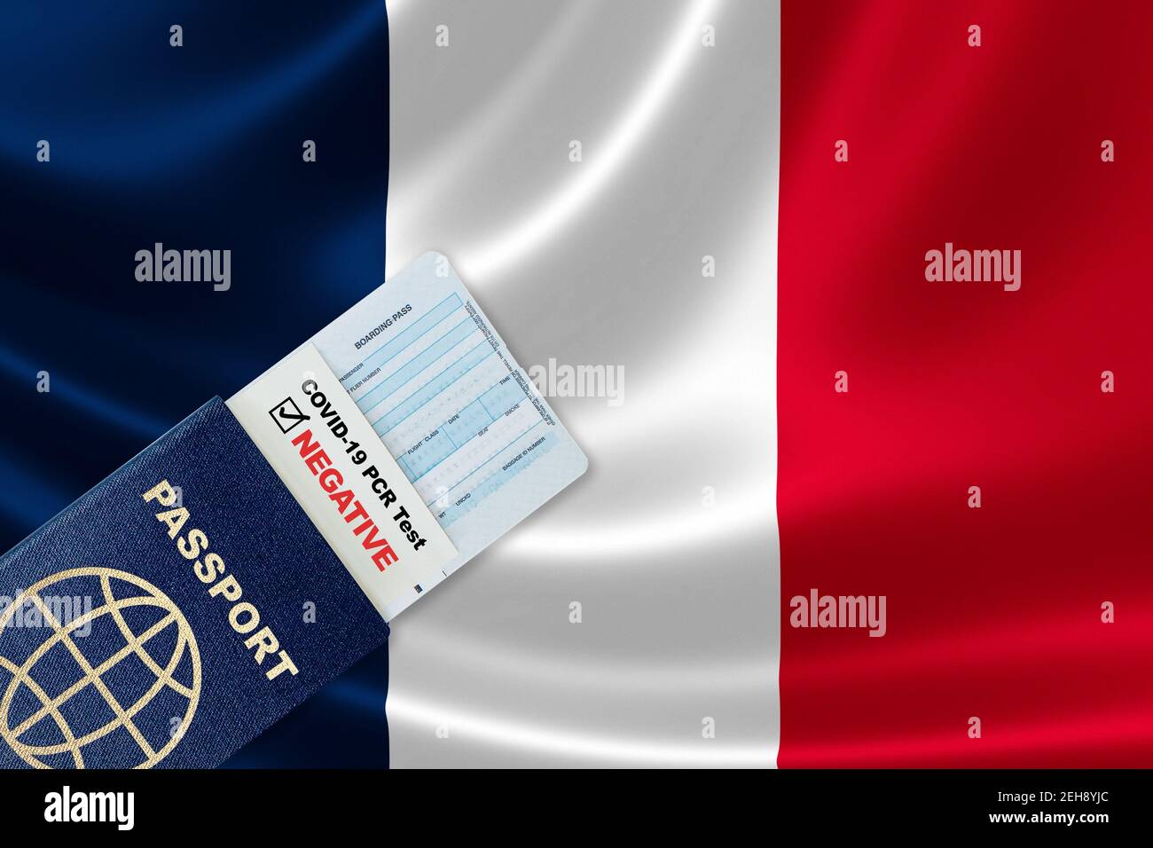 Travel passport, boarding pass and negative test result of COVID-19 PCR test for France. Concept of new normal air or land border travel with proof of Stock Photo