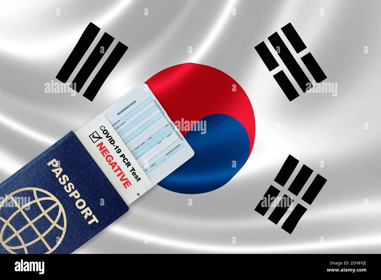 Travel passport, boarding pass and negative COVID-19 PCR test result for South Korea. Concept of new normal air or land border travel with proof of Co Stock Photo