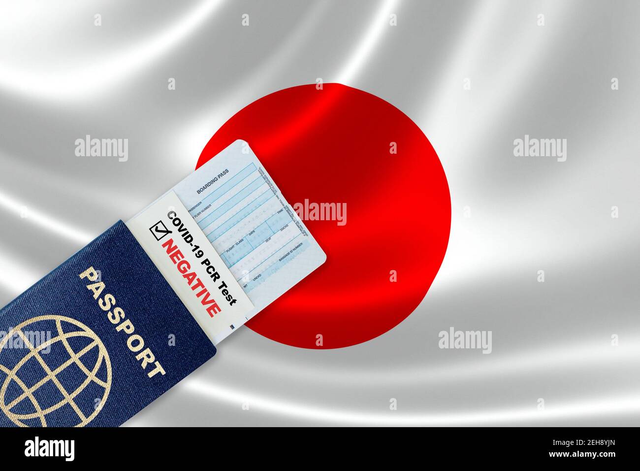Travel passport, boarding pass and negative COVID-19 PCR test result for Japan. Concept of new normal air or land border travel with proof of Coronavi Stock Photo