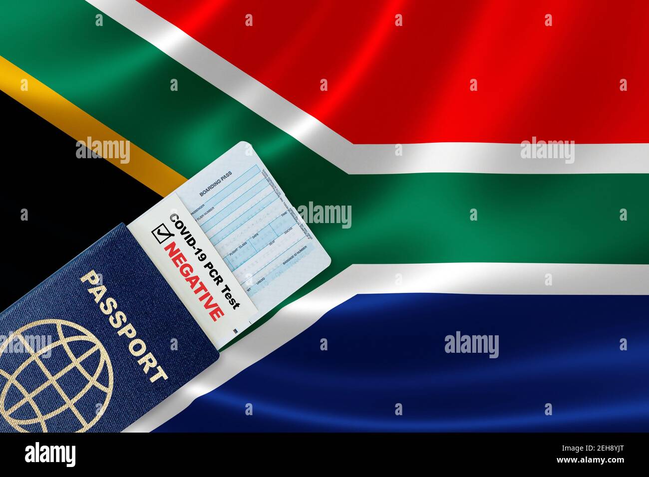 Travel passport, boarding pass and negative COVID-19 PCR test result for South Africa. Concept of new normal air or land border travel with proof of C Stock Photo