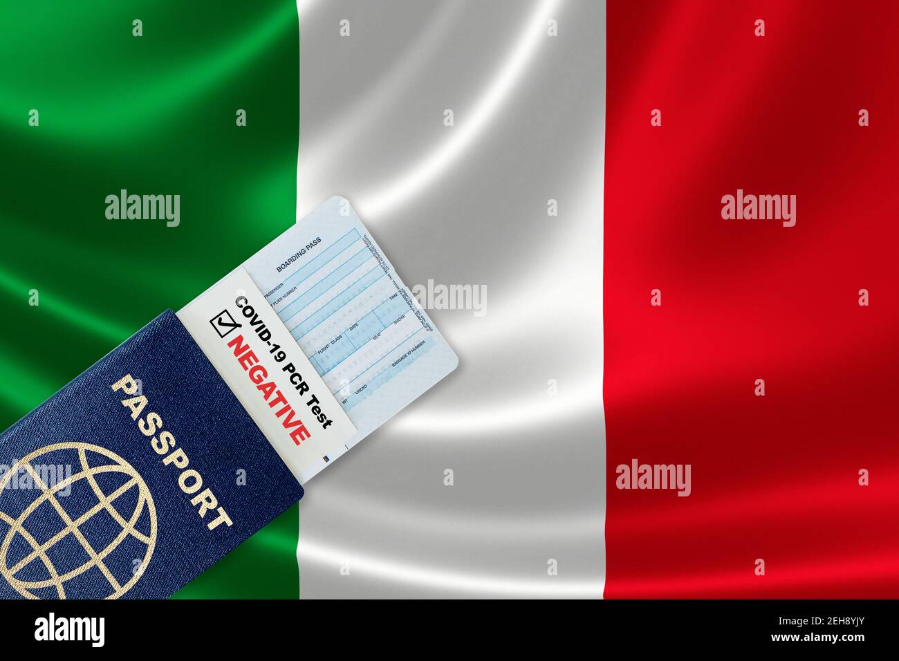 Travel passport, boarding pass and negative test result of COVID-19 PCR test for Italy. Concept of new normal air or land border travel with proof of Stock Photo