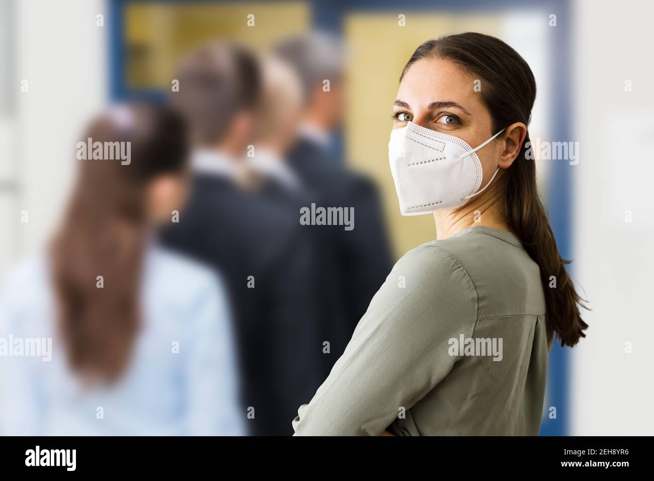 Unemployed Line Or Queue In Covid Face Mask Stock Photo