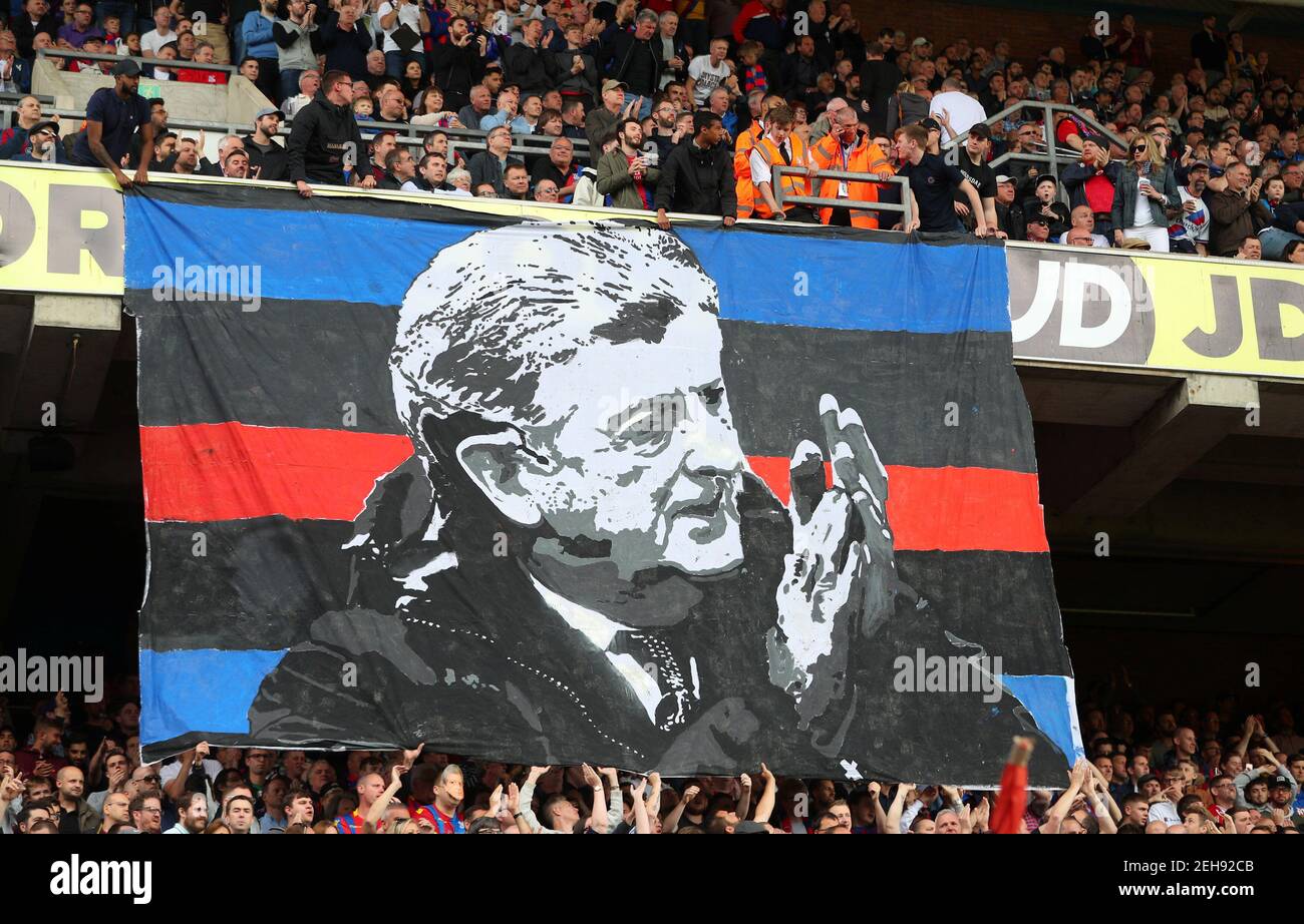 Soccer Football - Premier League - Crystal Palace vs West Bromwich Albion - Selhurst Park, London, Britain - May 13, 2018   Fans unveil a banner depicting Crystal Palace manager Roy Hodgson during the match   REUTERS/Hannah McKay    EDITORIAL USE ONLY. No use with unauthorized audio, video, data, fixture lists, club/league logos or 'live' services. Online in-match use limited to 75 images, no video emulation. No use in betting, games or single club/league/player publications.  Please contact your account representative for further details. Stock Photo
