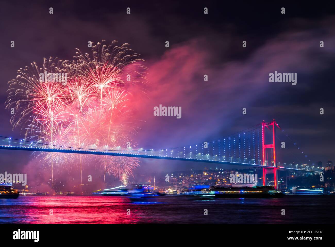 ISTANBUL, TURKEY. New Year 2020 Celebrations Around the Istanbul. Fireworks with Istanbul Bosphorus Bridge (15th July Martyrs Bridge). Stock Photo
