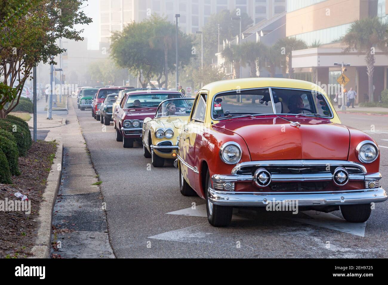 Classic cars line the streets of downtown Biloxi Mississippi during the