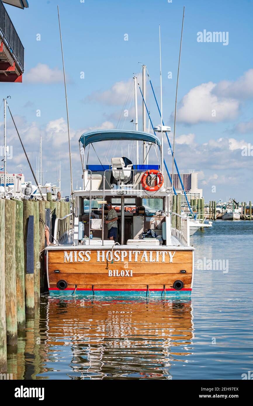Miss Hospitality boat docked at the Biloxi Small Craft Harbor in Biloxi