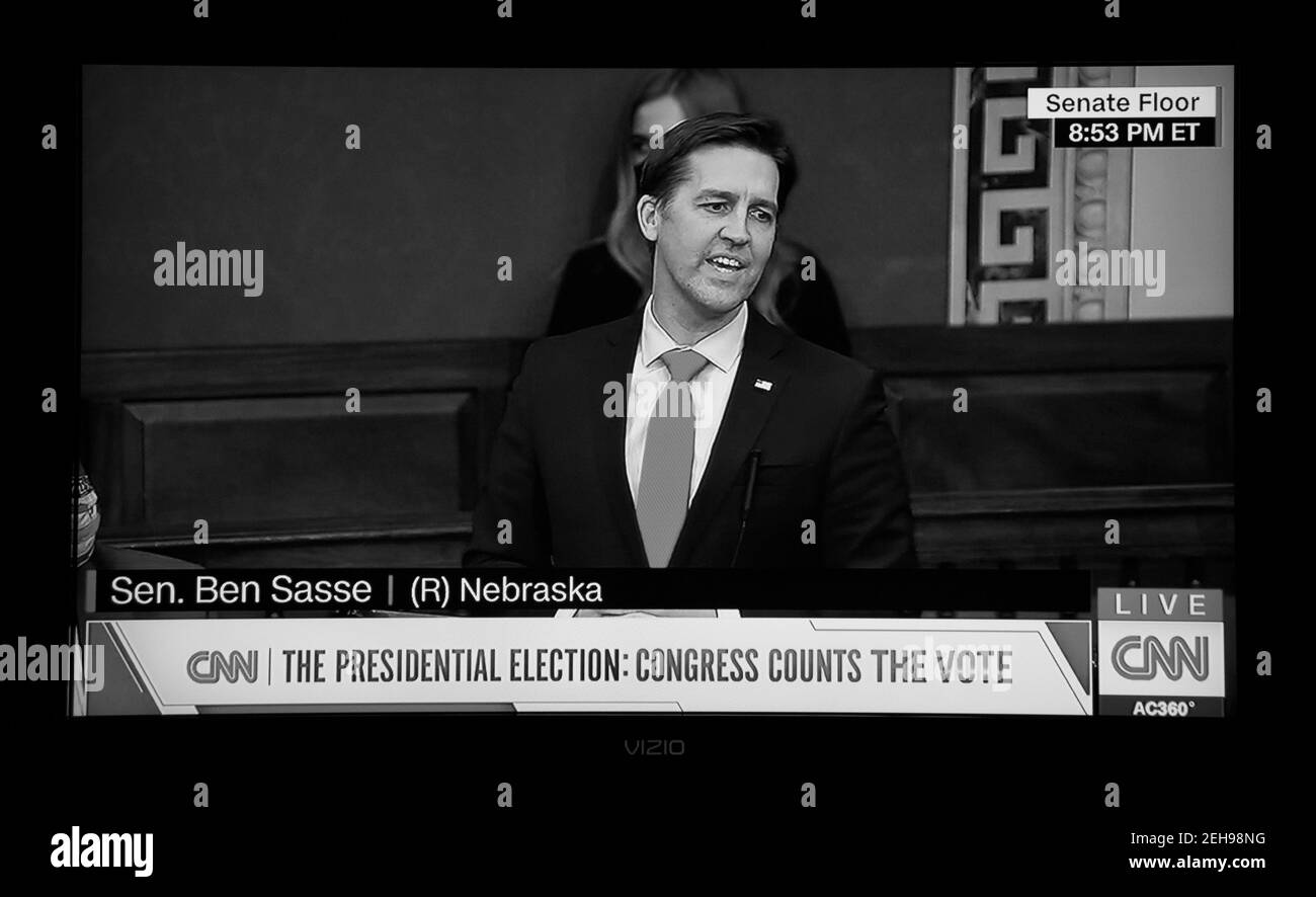 A CNN screenshot U.S. Senator Ben Sasse addressing the Senate after supporters of President Trump disrupted the counting of Electoral College votes. Stock Photo