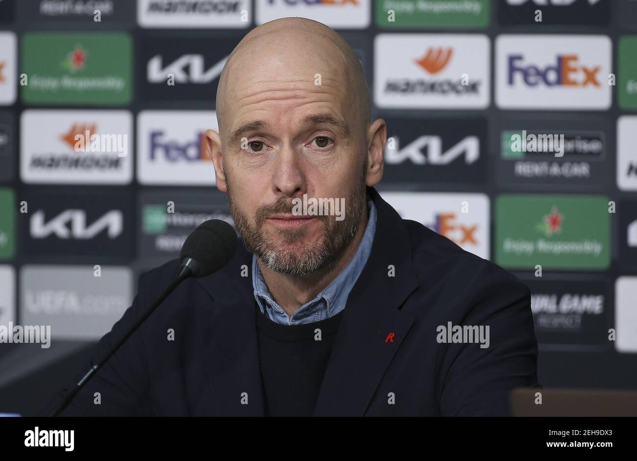 Coach of Ajax Amsterdam Erik ten Hag answers to the media during the post-match press conference following the UEFA Europa Leagu / LM Stock Photo