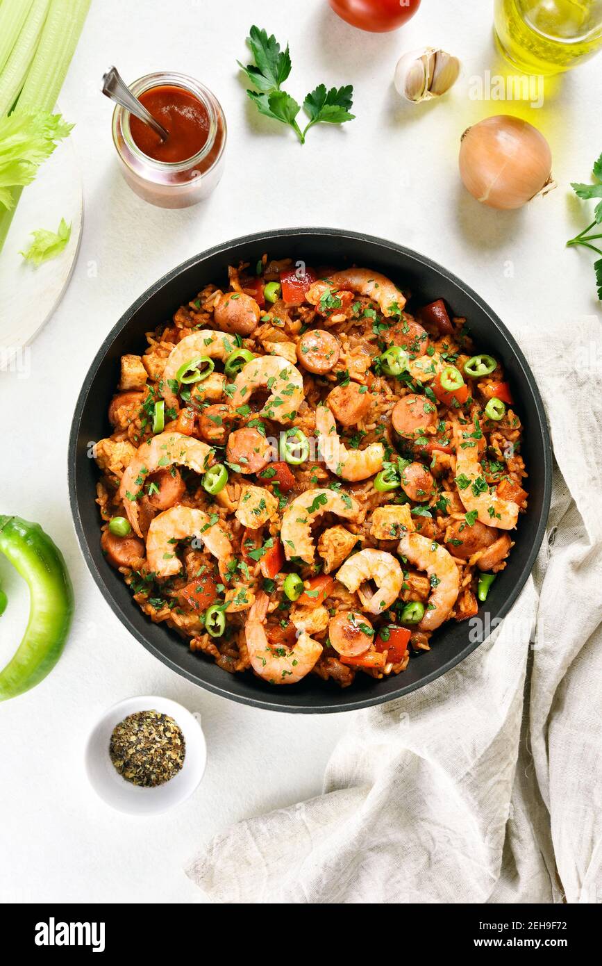 Creole jambalaya with prawn, chicken meat, smoked sausages and