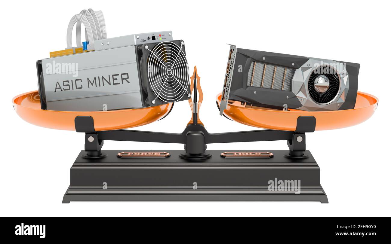 Balance Concept Video Card GPU VS ASIC 3D Rendering Isolated On White Balance concept video card gpu vs asic 3d rendering isolated on white